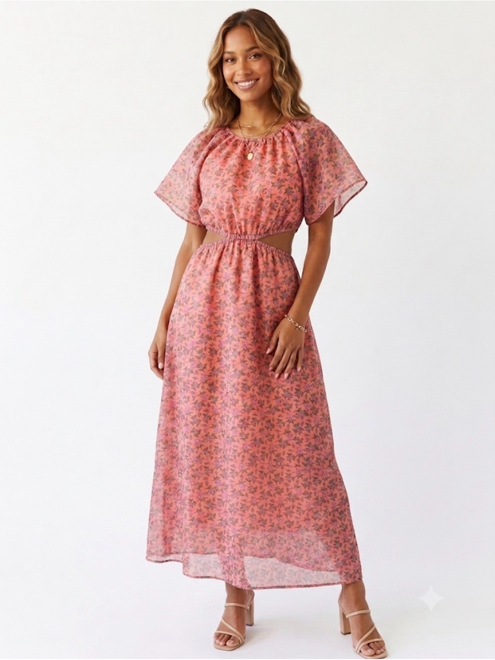 Lost + Wander Floral Midi Dress Pink Short Sleeve Cinched Waist Size M